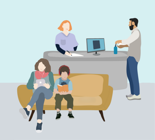 A mother and child waiting on a sofa with a man sanitising his hands speaking with a receptionist